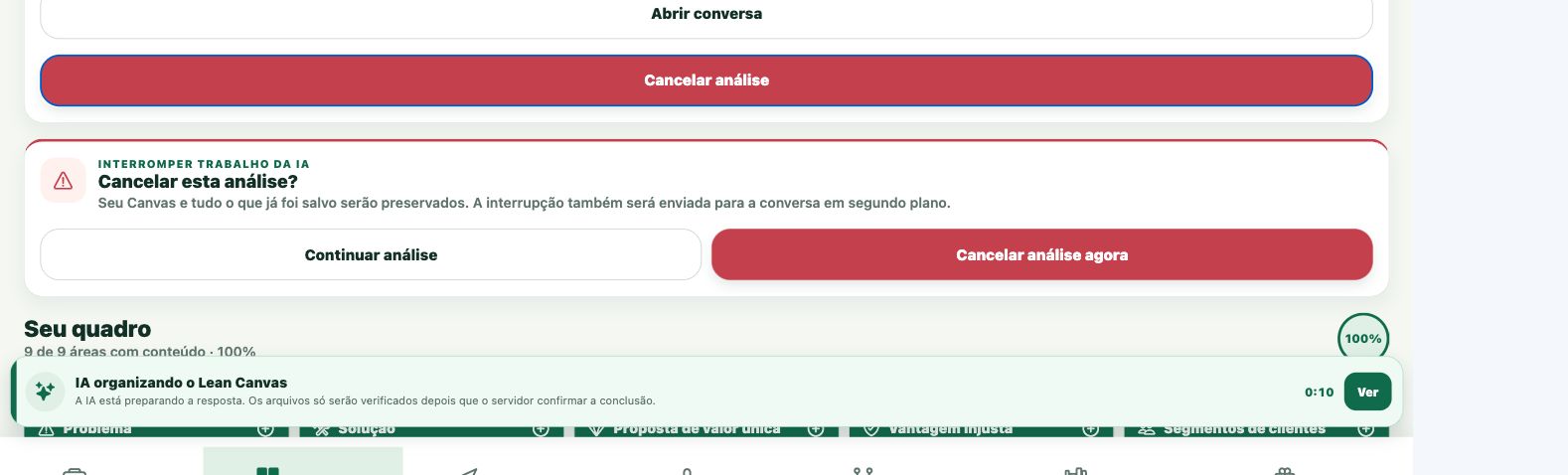 Confirmação antes de cancelar uma análise do Lean Canvas