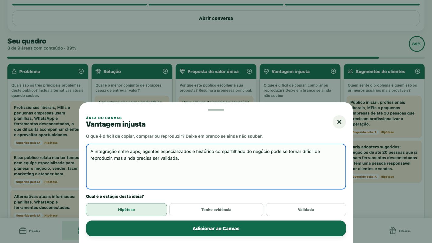Editor de cartão do Lean Canvas com níveis de evidência